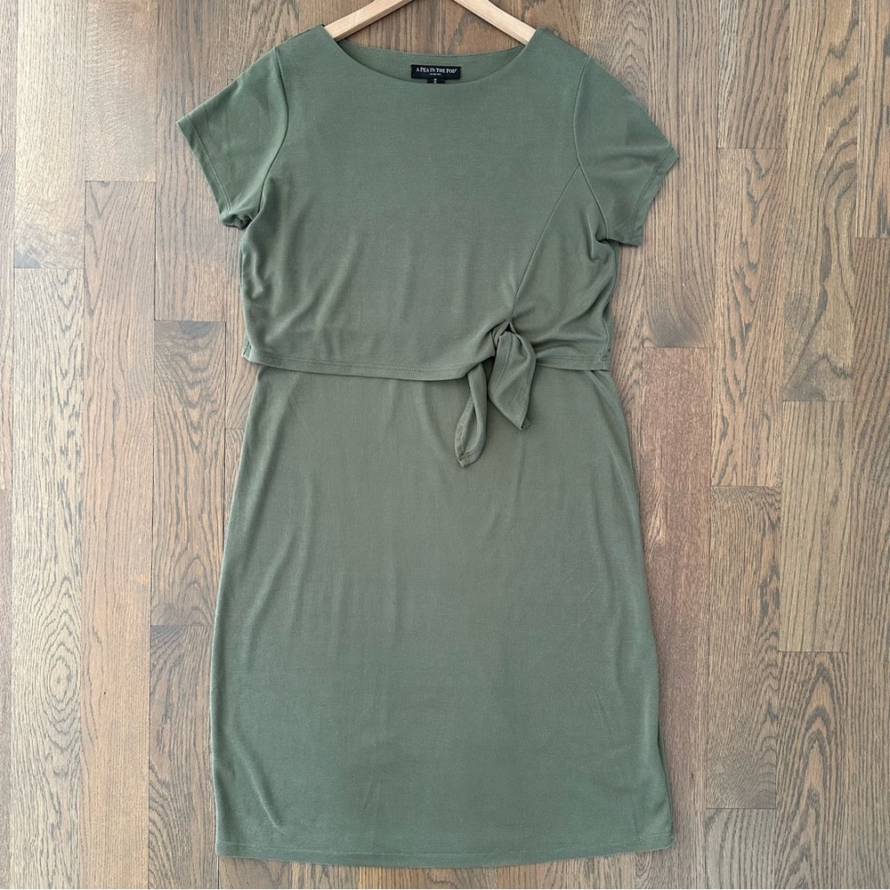 Pea in the Pod Short Sleeve Tie Waist Jersey Dress in Olive Green Medium